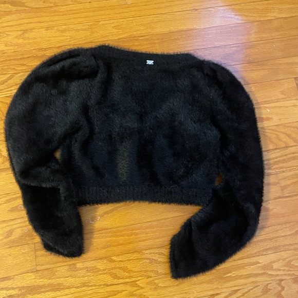 For Love and Lemons black fluffy cropped Anastasia cardigan w/pink rose details - Picture 3 of 8